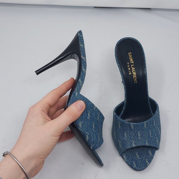 Yves Saint Laurent Shoes - SAINT LAURENT Blue Denim Logo Print La 16 Open Toe Mule Sandal